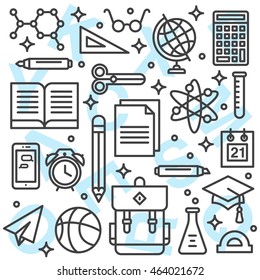 School supplies background with line art icons.