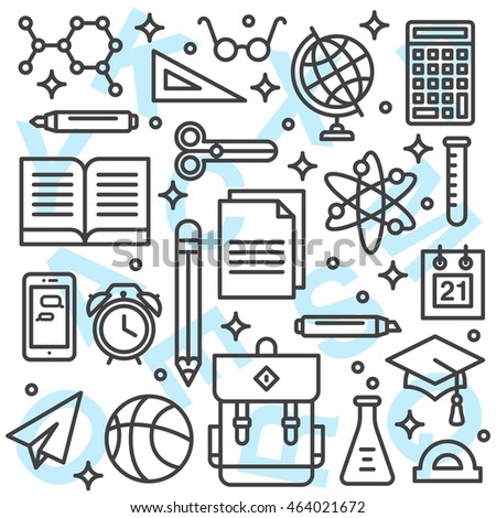 School supplies background with line art icons.