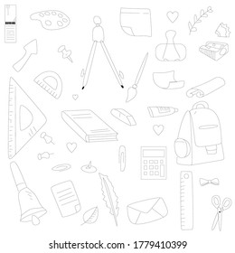 School supplies background in outline style, back to school.Vector illustration