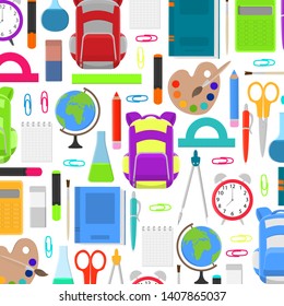 School supplies background. School supplies and stationery on white background. Vector illustration. 