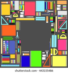 School supplies background. Stationery, pens, notebooks, paints, drawing materials. Vector illustration.


