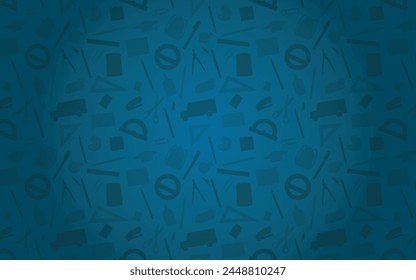 School Supplies Background - Various Silhouettes of School Items on Blue Background. Pencil, Eraser, Sharpener, Rulers, Backpack, Scissor, Pens, Calculator, Bus and others.