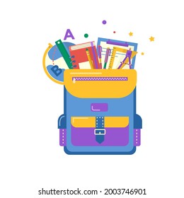 school supplies in backpack  with  book,  pen, ruler, globe Back to school concept.