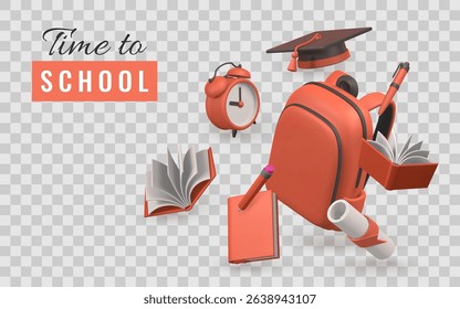 School Supplies with Backpack, Books, Pencil, Graduation Cap and Alarm Clock in 3D Style. Perfect for Back to School, Education and Learning Themes. Vector Illustration.