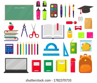 School supplies, backpack, lunch box and school black board on white background. Back to school concept. Set vector illustration.