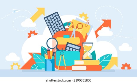 School supplies: backpack, magnifying glass, compass, scissors, pencil, hourglass, calculator, books, paper clip, keyboard, brush, notebook. Student office set. School. Flat style. Vector illustration