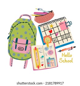 School supplies, backpack and pencil case, сalendar with To-Do List, diary. Flat vector illustration. Poster, stickers, printing on clothes