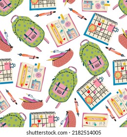 School supplies, backpack and pencil case, сalendar with To-Do List, diary. Flat vector illustration. Pattern. Light background, wallpaper, cartoon style