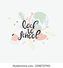 School supplies: backpack, pencils, brush, paints, pencil case, table lamp, notepad, book, glue, hot dog, french fries, marker, bottle of water, globe 
 Back to school. Vector illustration
