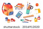 School supplies: backpack, pencils, brushes, paints, ruler, sharpener, stickers, calculator, books, glue. Back to school.