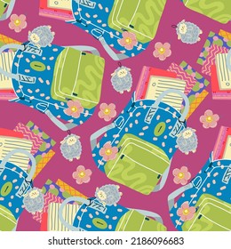 School supplies, School backpack with ruled paper. Pattern. Dark background, wallpaper, cartoon style. Flat vector illustration