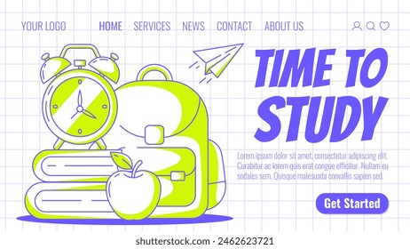 School supplies, backpack, stack of books, apple, alarm clock and paper airplane. Back to school, education concept. Vector template for banner, poster, landing page, website. Checkered background