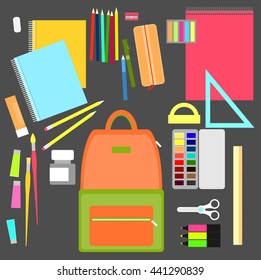 School supplies. Backpack, stationery, notebooks, books, paints, drawing materials. Vector illustration.