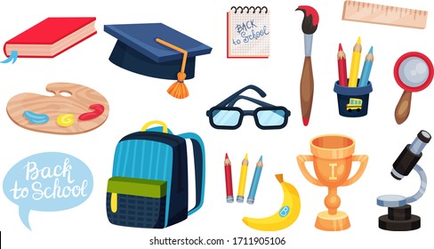 School Supplies with School Bag and Graduation Hat Vector Set