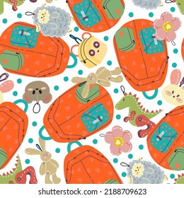 School supplies, school bag, key chains. Pattern. Light background, wallpaper, cartoon style. Flat vector illustration
