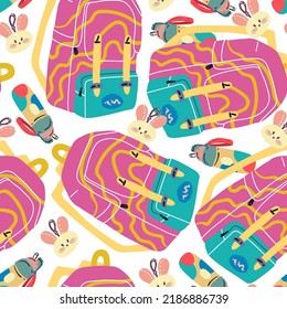 School supplies, School bag, water bottle, key chain. Pattern. Light background, wallpaper, cartoon style. Flat vector illustration