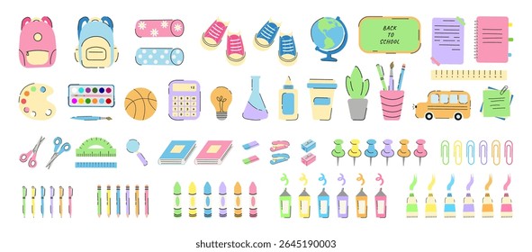 School Supplies big Set. Back to school Trendy Flat Icons Element. Vector Illustration Art School Supplies Stationery, Backpack, School Bus, Globe, Book, Notebook, Pencil, Pen. Cute Education Stickers