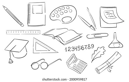 school supplies in a black outline. Subjects for school classes. Rulers, Calculator, Glasses, Scroll, Book, Notebook, Pencil, Pen, Brush, Palette, Notepad