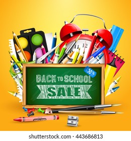 School supplies and blackboard with "Back To School Sale" inscription