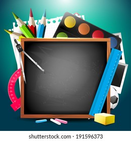 School supplies and blackboard with place for text - Back to school background