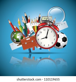 School supplies - blue glossy background