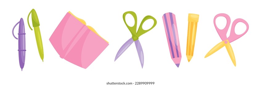 School Supplies with Book, Pen, Scissors and Pencil Vector Set
