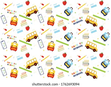school supplies, books, backpack, bus, pencil, ruler, apple, vector pattern