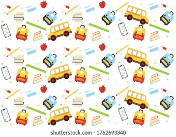 Schulbedarf, Bücher, Rucksack, Bus, Bleistift, Lineal, Apfel, Vektormuster