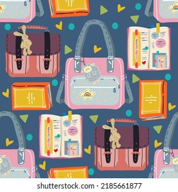 School supplies, books, diary, school bags. Pattern. Dark background, wallpaper, cartoon style. Flat vector illustration