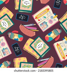 School supplies. Books, diary, pencil case, bottle of water. Flat vector illustration. Pattern. Dark background, wallpaper, cartoon style