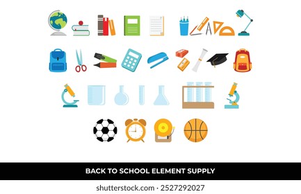 School supplies, books, globe, backpacks, sports equipment for educational, backtoschool, college, or sportsthemed projects. Ideal for marketing materials.