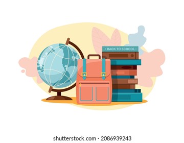 School supplies. Books, globe and school bag