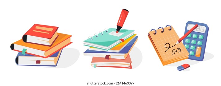 School supplies: books, notebooks, notepad, calculator. A stack of books and notebooks. Office supplies. Back to school. Vector illustration
