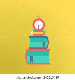 school supplies, books and red clock over yellow  color background