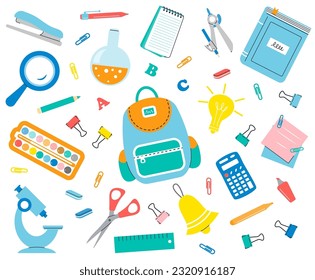 School supplies: briefcase, laboratory flask, book, scissors, paints, calculator, ruler, magnifier, microscope, stapler, notepad and others. Back to school. Vector illustration.