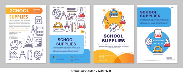 School supplies brochure template layout. Education stationery. Flyer, booklet, leaflet print design with linear illustrations. Vector page layouts for magazines, annual reports, advertising posters
