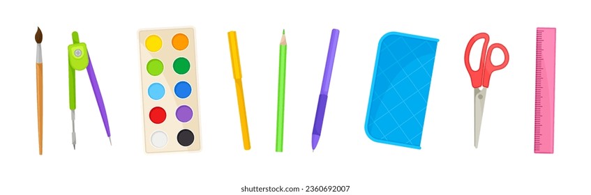 School Supplies with Brush, Compasses, Paints, Pencil, Ruler and Scissors Vector Set