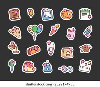 School supplies with bud. Sticker Bookmark. Beginning of educational training. Hand drawn style. Vector drawing. Collection of design elements.