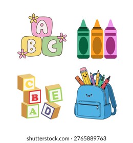 School Supplies and Building Blocks Set including ABC Alphabet Blocks, Crayon Set, Numbered 123 Blocks, and Blue Backpack isolated on White Background