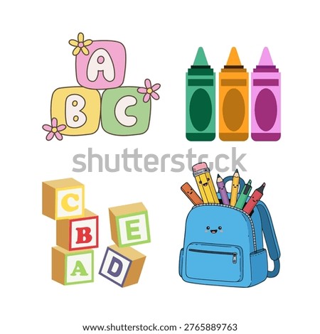 School Supplies and Building Blocks Set including ABC Alphabet Blocks, Crayon Set, Numbered 123 Blocks, and Blue Backpack isolated on White Background