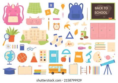 School supplies, building and stationery set for autumn album vector illustration. Cartoon cute notebook and pencil for children, book, unicorn backpack for lessons isolated white. Education concept