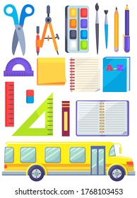 School supplies and bus for children vector. Scissors and notebook, mathematics devices, paintbrush and palette for art lessons. Ruler and eraser. Back to school concept. Flat cartoon