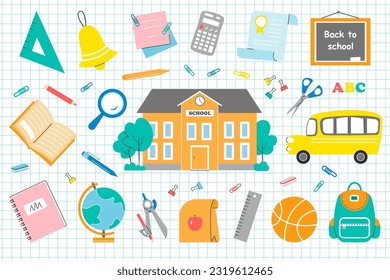 School supplies: school, bus, globe, rulers, backpack, basketball, blackboard, notebook, magnifying glass, scissors, compasses and others. Back to school. Vector illustration.