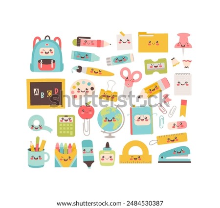 School supplies cartoon characters. Back to school clipart collection. Vector illustration