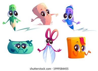 School supplies cartoon characters. Student education stationery mascots pencil, scissors, eraser, textbook or pen-box with smile kawaii face. Funny educational stuff with happy expression Vector set