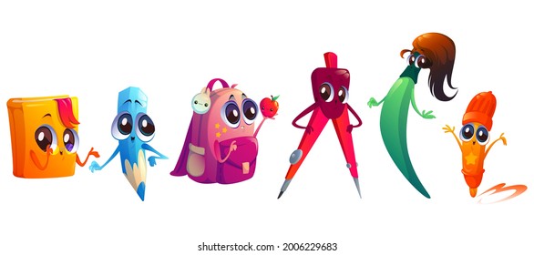 School supplies cartoon characters. Student education stationery mascots pencil, felt-tip pen, painting brush, textbook, backpack and compass with cute kawaii faces. Funny educational stuff Vector set