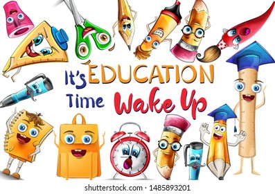 School supplies Cartoon characters Vector watercolor. Notebook pen and ruler funny characters illustration watercolor style