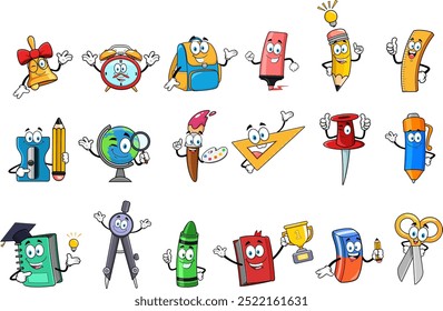 School Supplies Cartoon Characters. Vector Hand Drawn Collection Set Isolated On Transparent Background