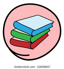 School Supplies, A Cartoon Illustration of A Stack of Colorful Books Icon in Pink Circle Frame