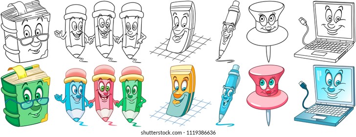 School supplies. Cartoon Office Stationery Collection. Coloring pages and colorful designs for coloring book, t-shirt print, icon, logo, label, patch, sticker. Vector illustrations.